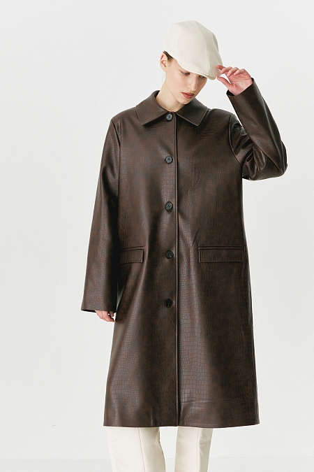 Тренч удлиненный из экокожи с эффектом тиснения